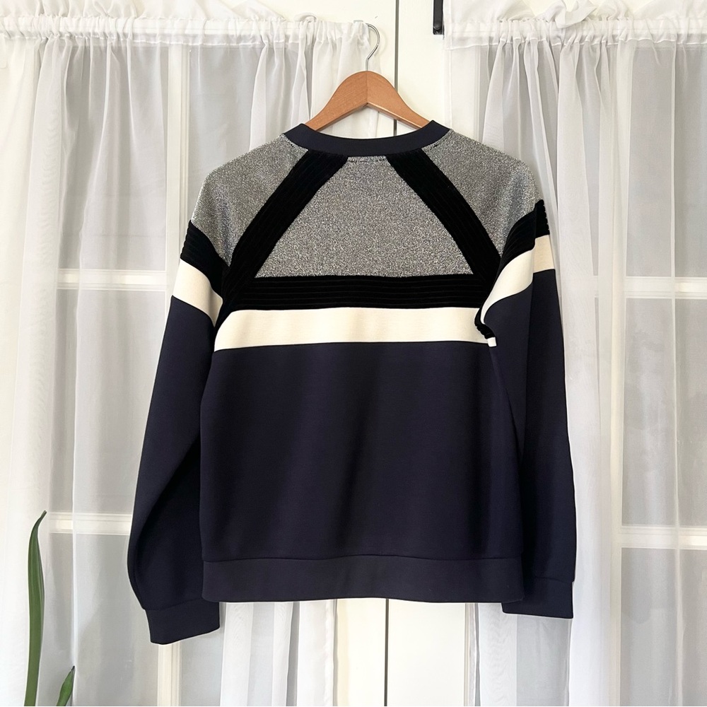 Sandro Paris Igal Metallic Silver Velvet Black & Navy Sweatshirt Size 1/Small - Picture 10 of 11